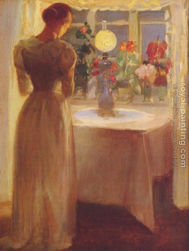 Anna Ancher : Young girl before a lit lamp Anna Ancher : Young girl before a lit lamp